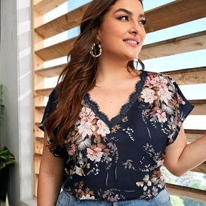 Lace Trim Navy Floral Top
